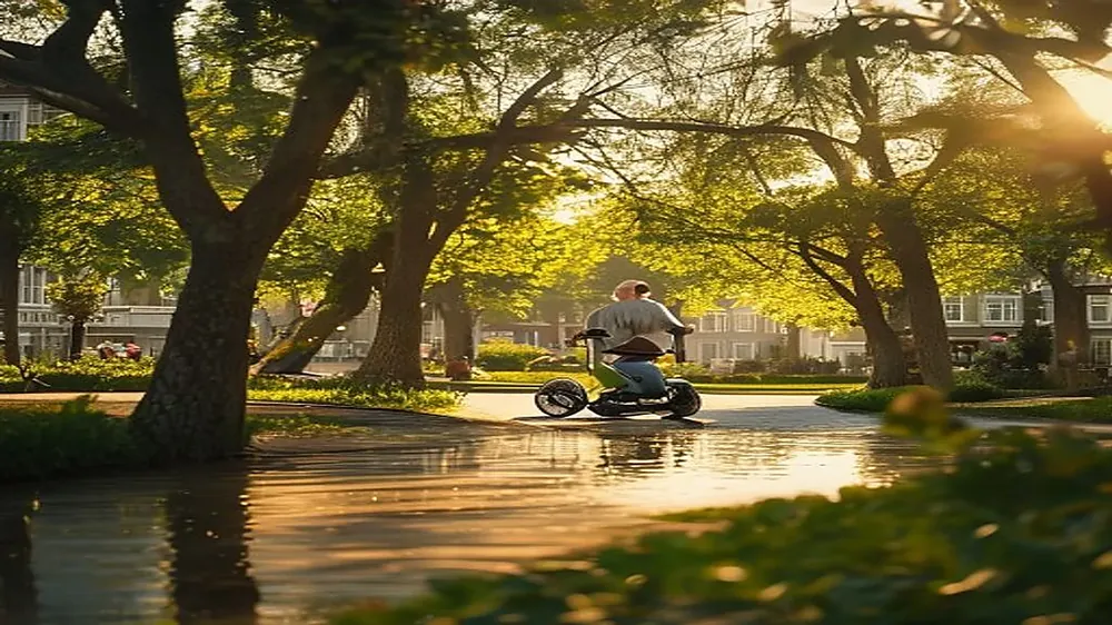Senior geniet van een ritje op een scootmobiel door een groen park