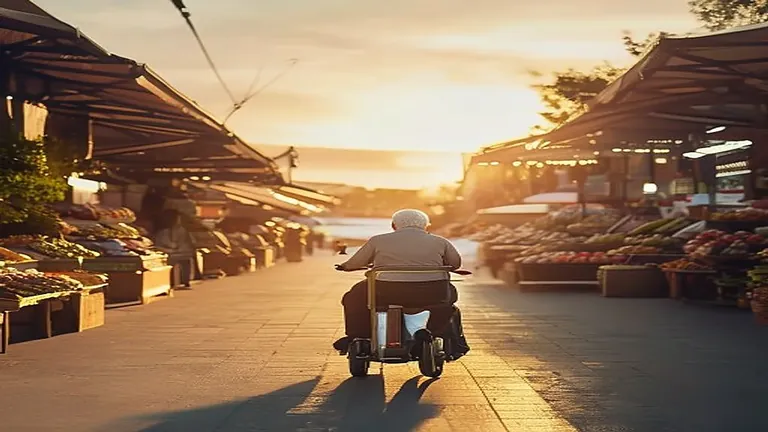 Senior rijdt op een scootmobiel over een gezellige markt
