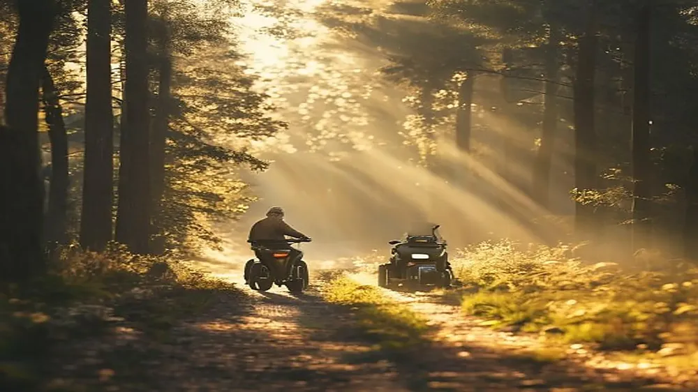 Senioren genieten samen van een ritje op een scootmobiel op een zonnig bospad