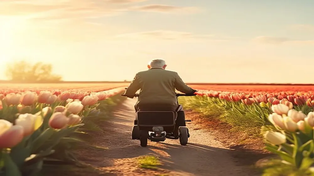 Senior rijdt op een stevige scootmobiel omhoog over een helling in het heuvelachtige Nijmegen